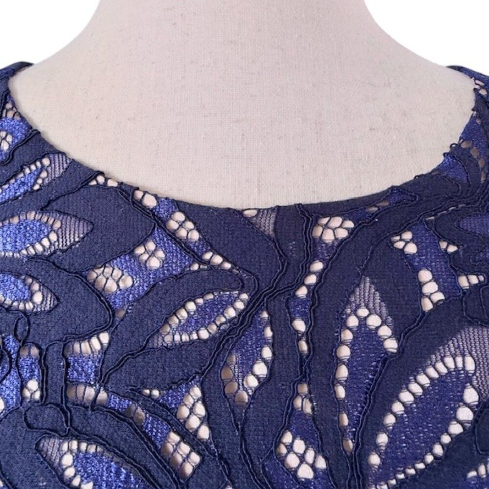 ELIZA J Reverie Navy Blue Nude Lined Lace Dress Bell Sleeves Fit Flare Size 8 - Picture 7 of 16